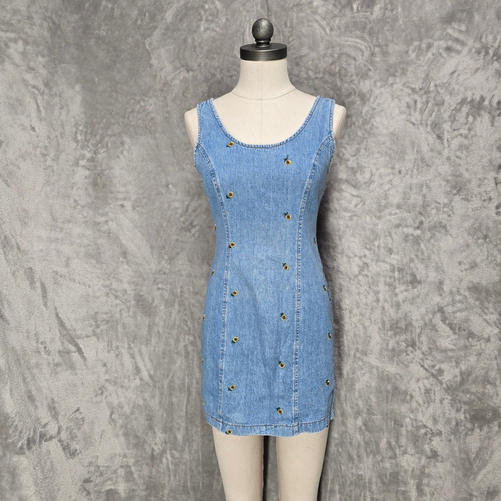 Vtg California Concepts Denim Mini Dress Womens S Sunflower 90s Y2K Floral Retro